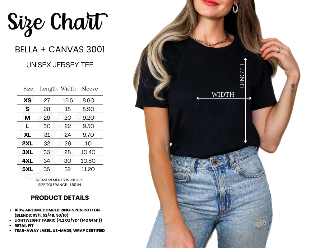 BELLA + CANVAS 3001 SIZE CHART