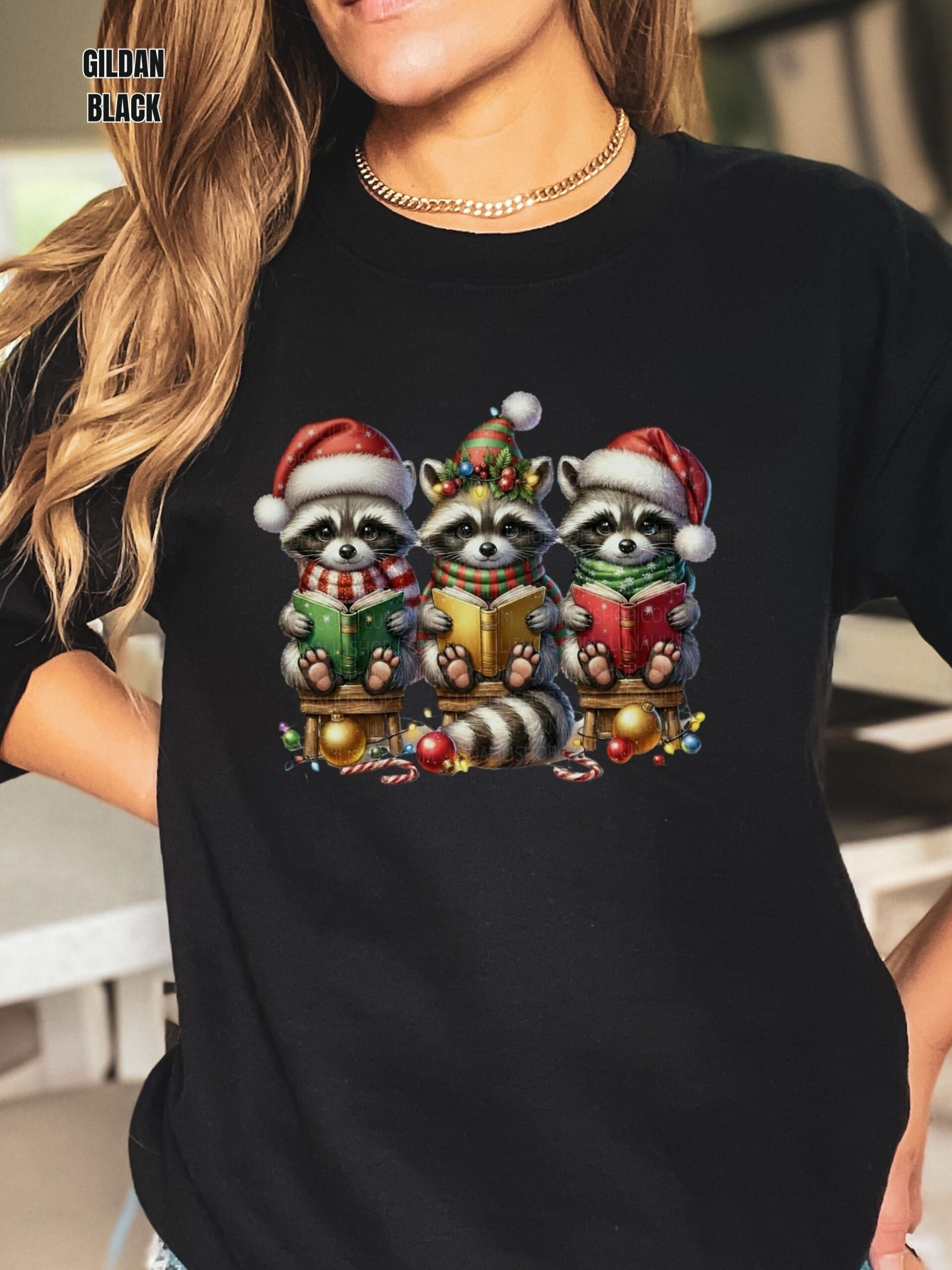 Raccoons in Santa Hats Reading Books Christmas Sweatshirt - Image 4