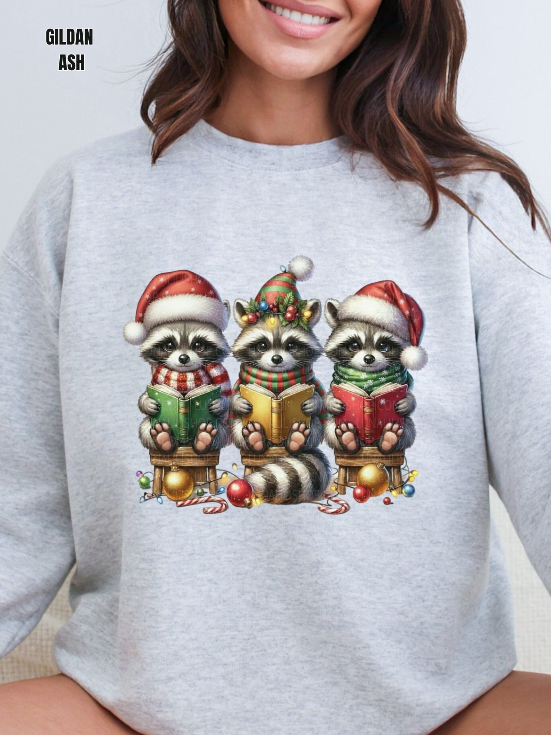 Raccoons in Santa Hats Reading Books Christmas Sweatshirt - Image 3