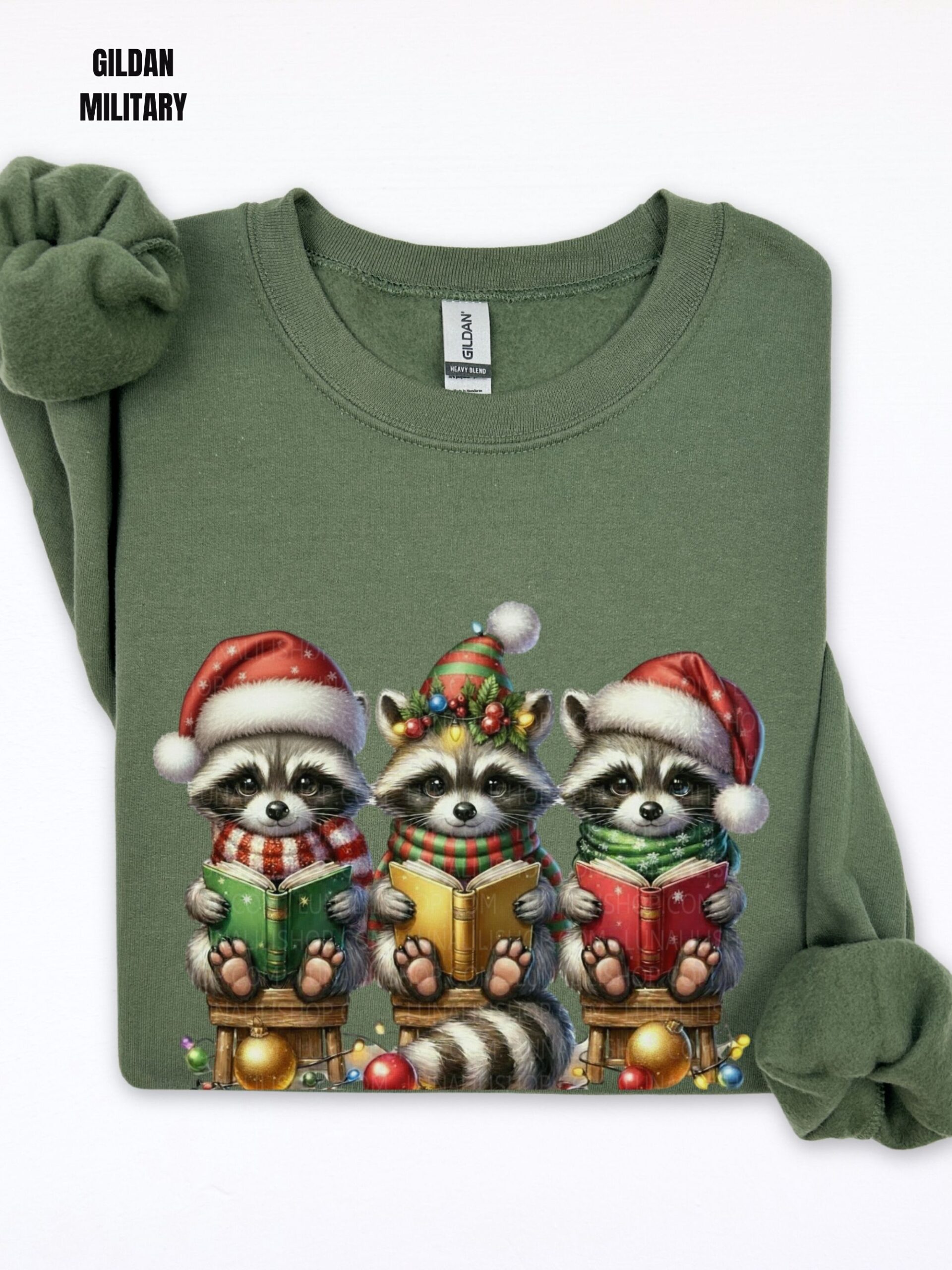 Raccoons in Santa Hats Reading Books Christmas Sweatshirt - Image 6