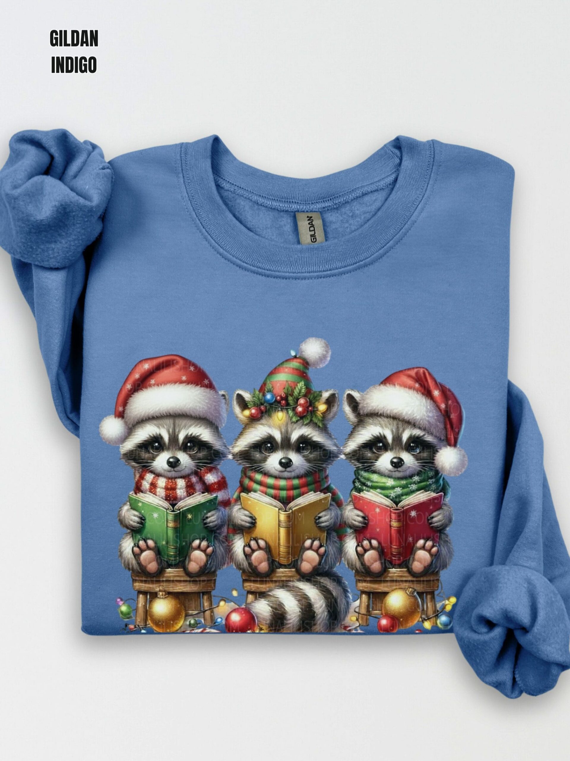Raccoons in Santa Hats Reading Books Christmas Sweatshirt - Image 10