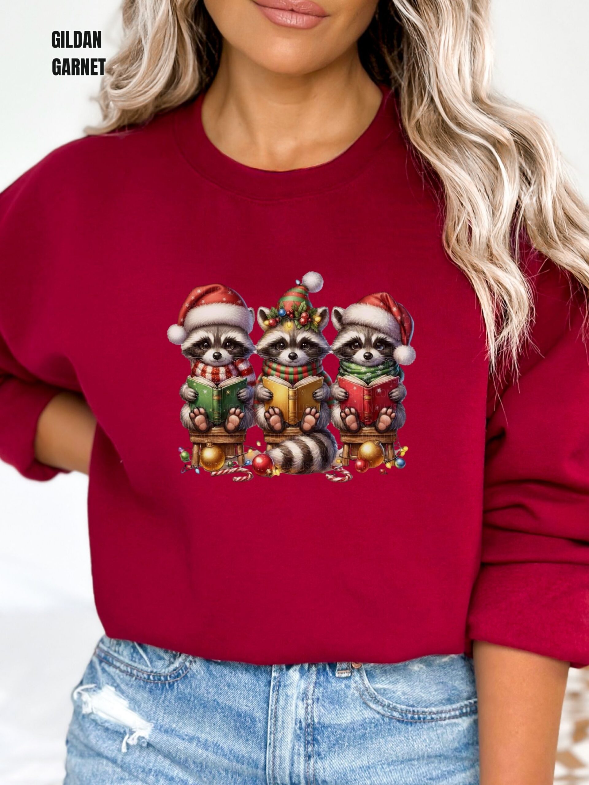 Raccoons in Santa Hats Reading Books Christmas Sweatshirt - Image 15