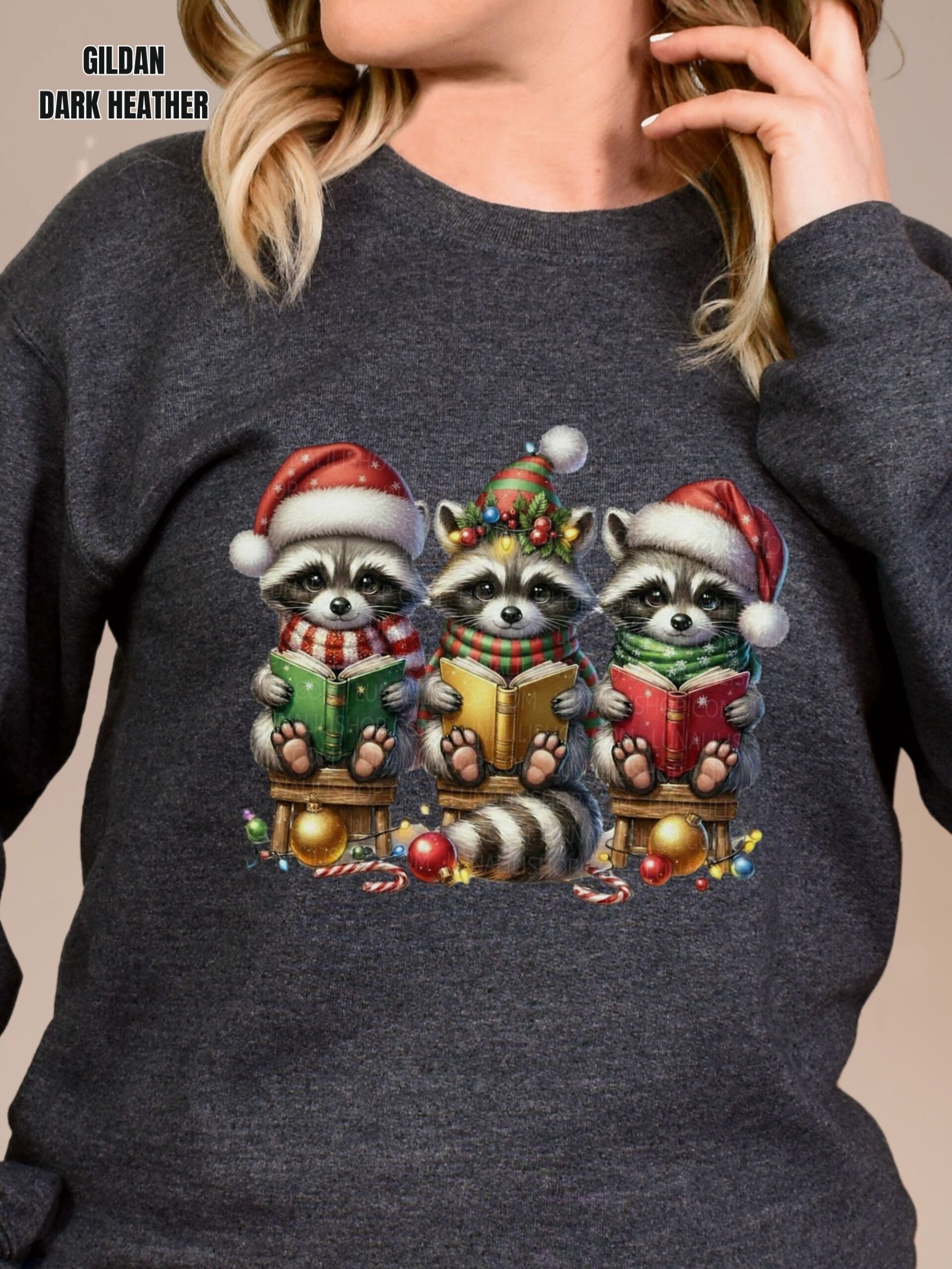 Raccoons in Santa Hats Reading Books Christmas Sweatshirt - Image 9