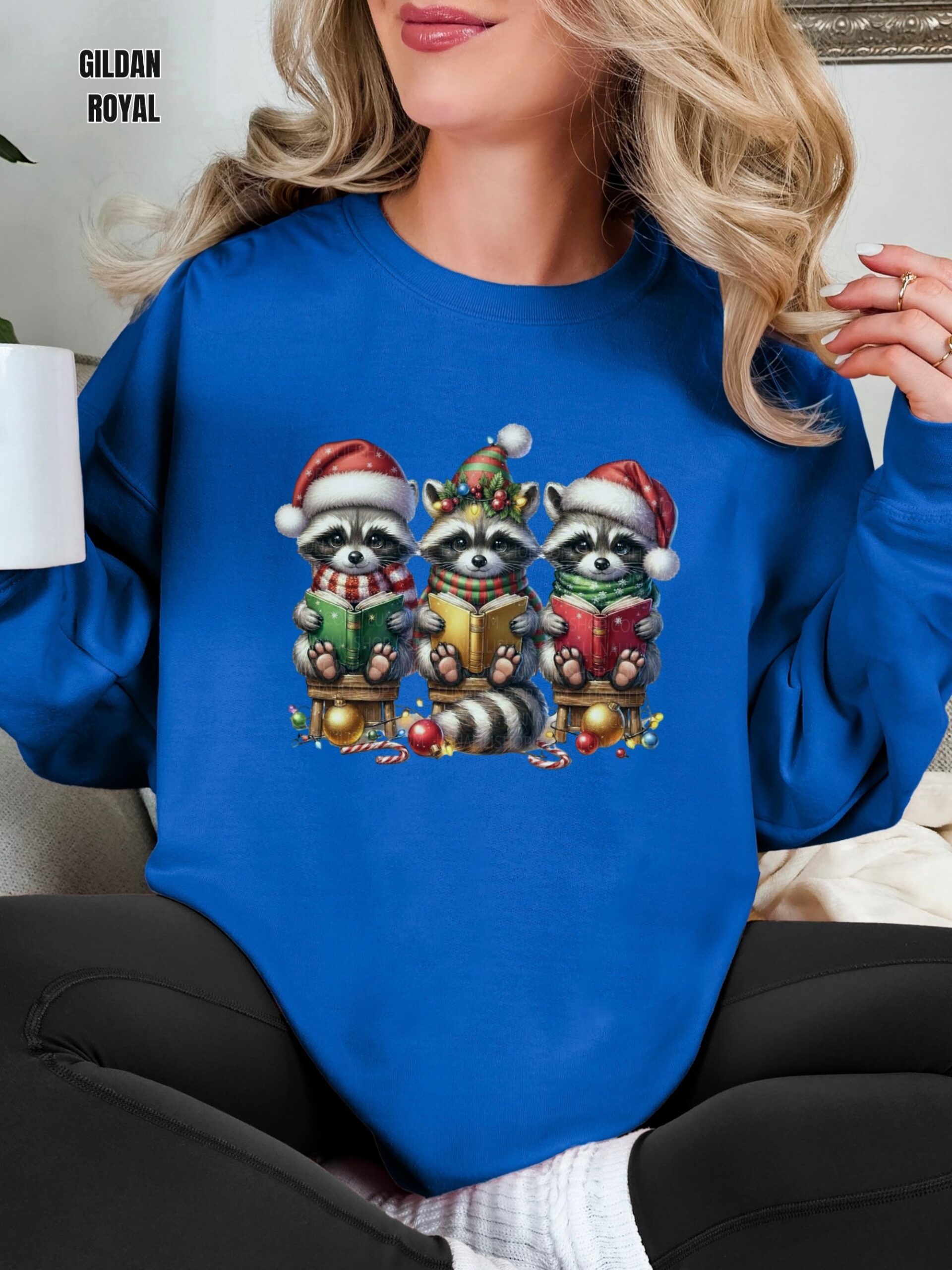 Raccoons in Santa Hats Reading Books Christmas Sweatshirt - Image 12