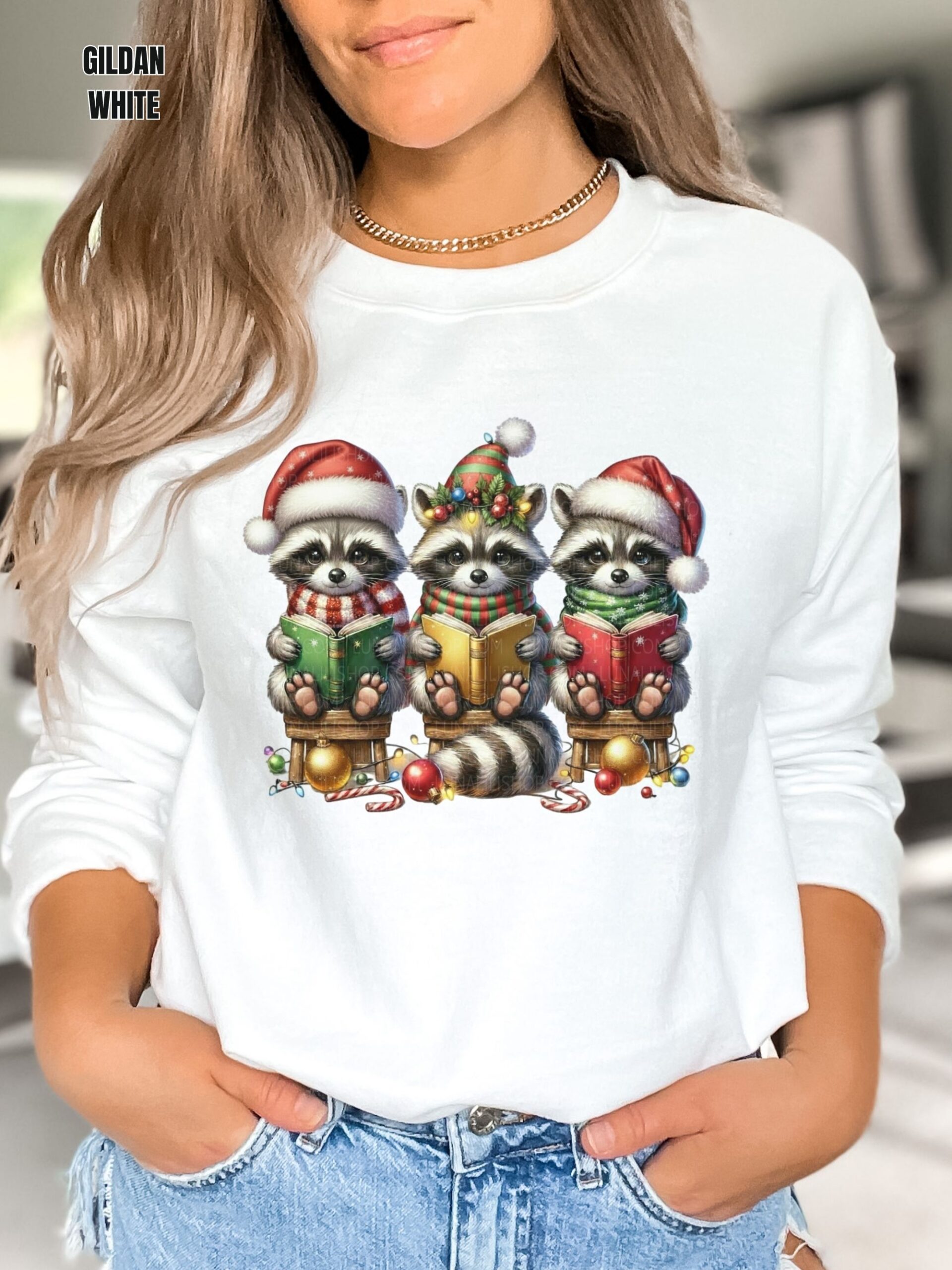 Raccoons in Santa Hats Reading Books Christmas Sweatshirt - Image 2