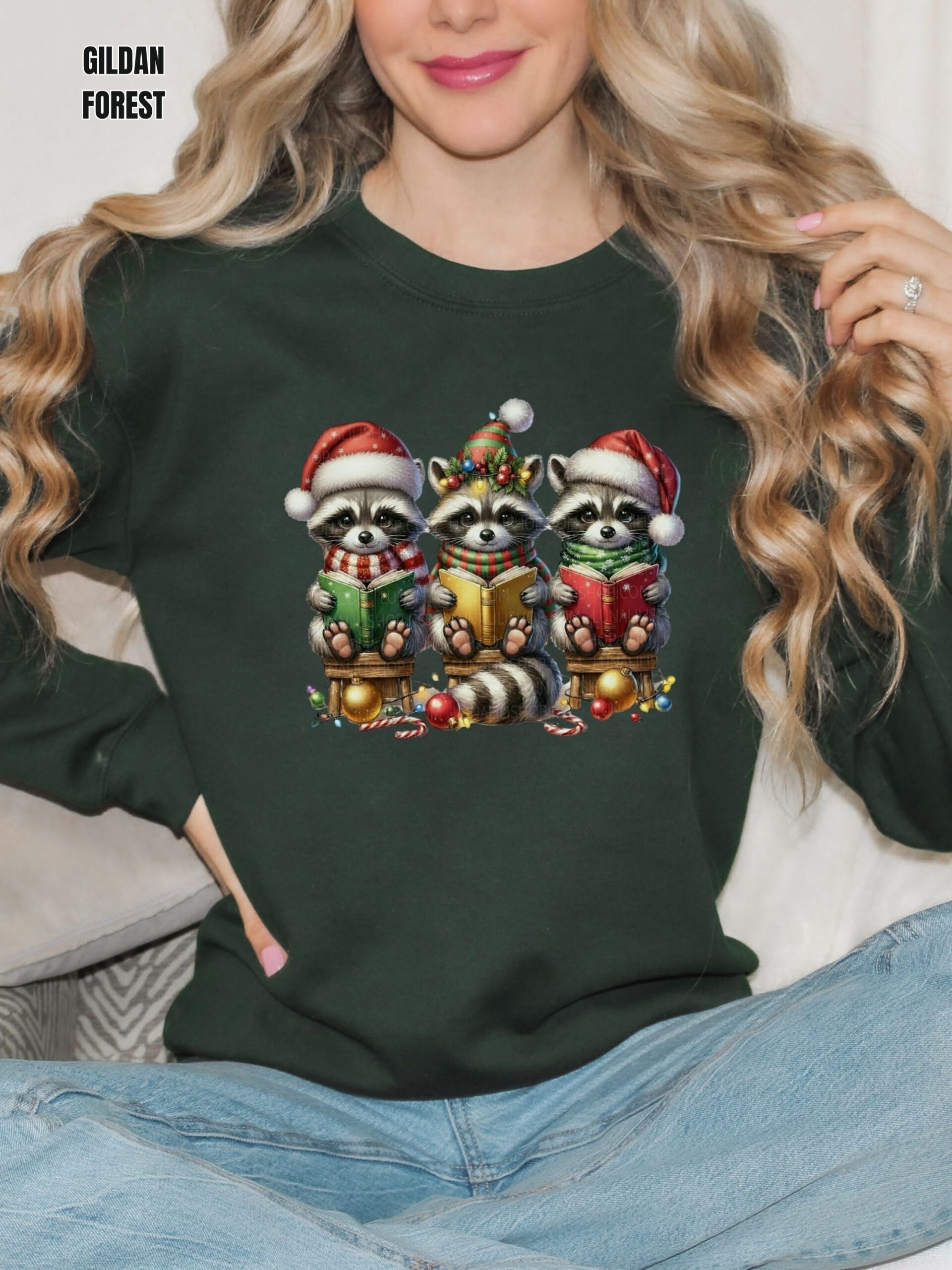 Raccoons in Santa Hats Reading Books Christmas Sweatshirt - Image 8
