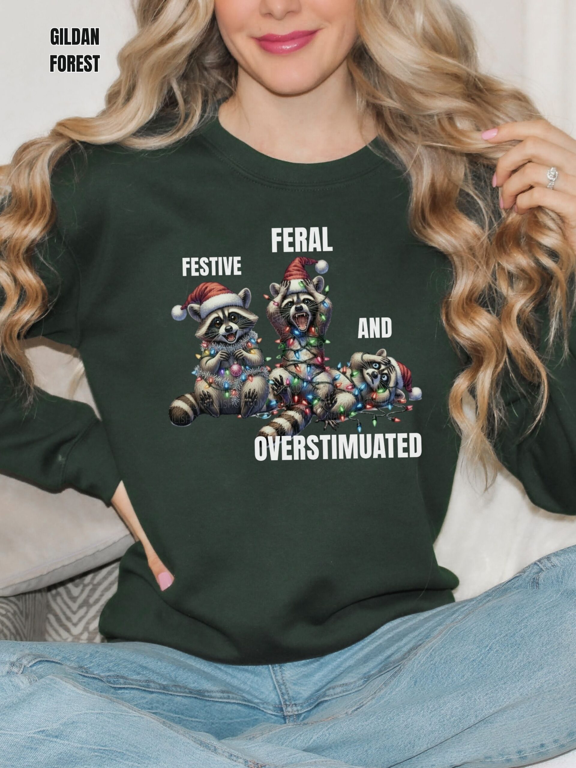 Festive, Feral and Overstimulated Raccoon Christmas Sweatshirt - Image 6