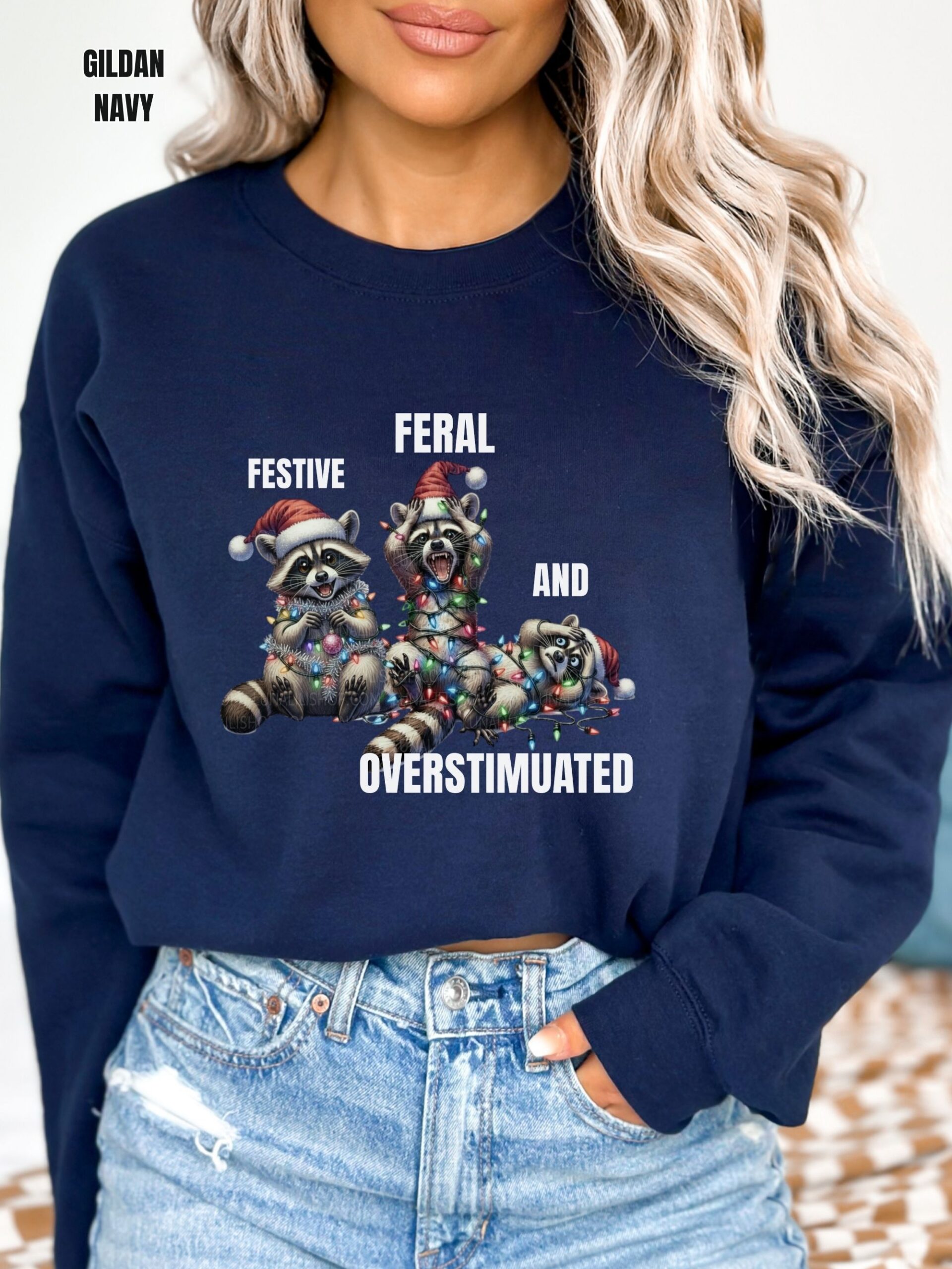 Festive, Feral and Overstimulated Raccoon Christmas Sweatshirt - Image 11