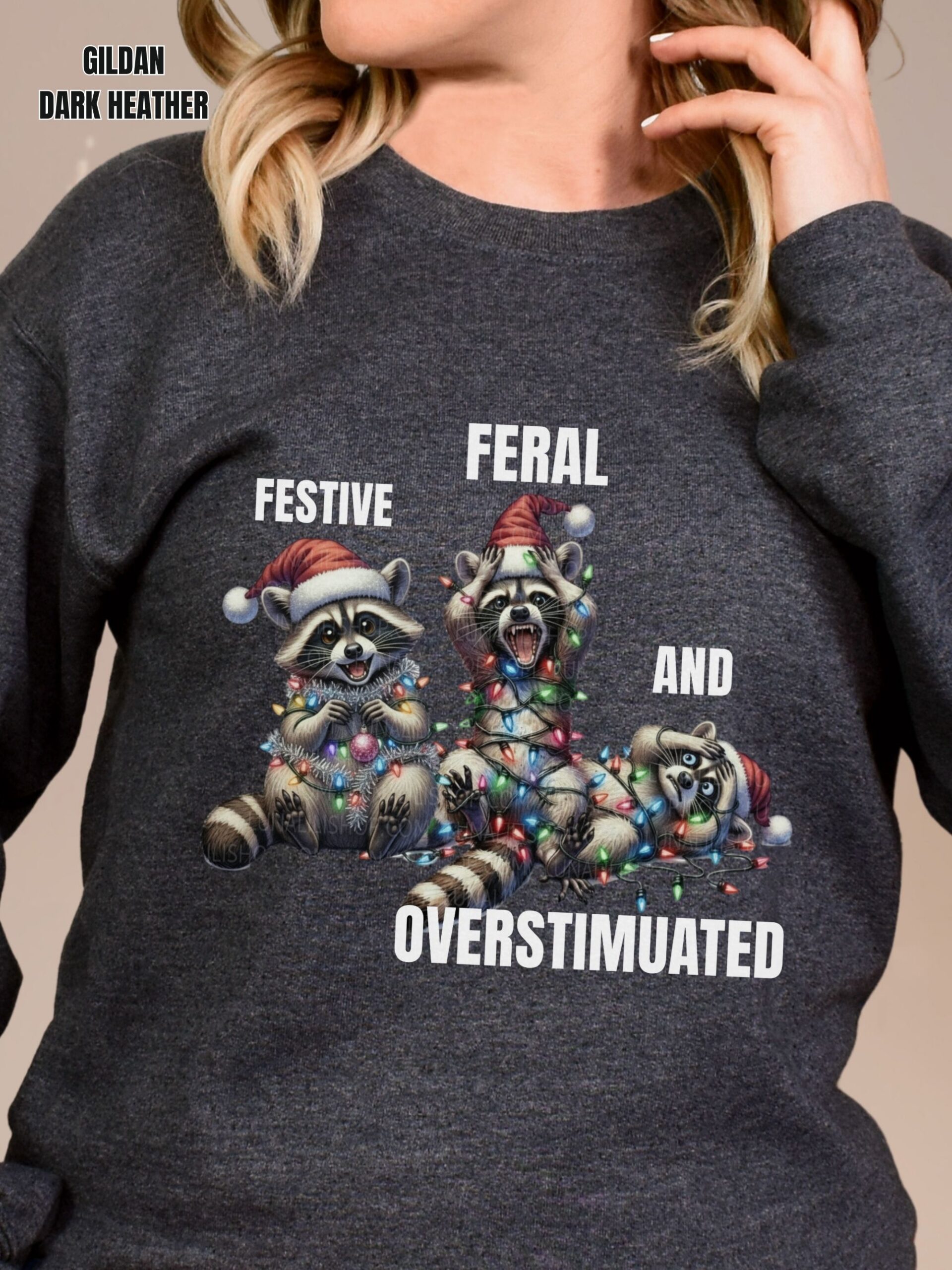 Festive, Feral and Overstimulated Raccoon Christmas Sweatshirt - Image 8
